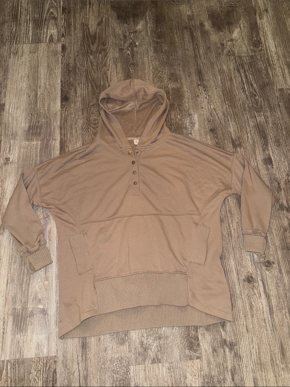 Relaxed Tan Hooded Pullover with Button Placket